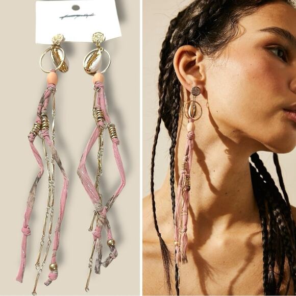 Free People Bohemian Beach Concha Shell pink Bridge Dangle Earrings NWT 8” - Picture 1 of 14